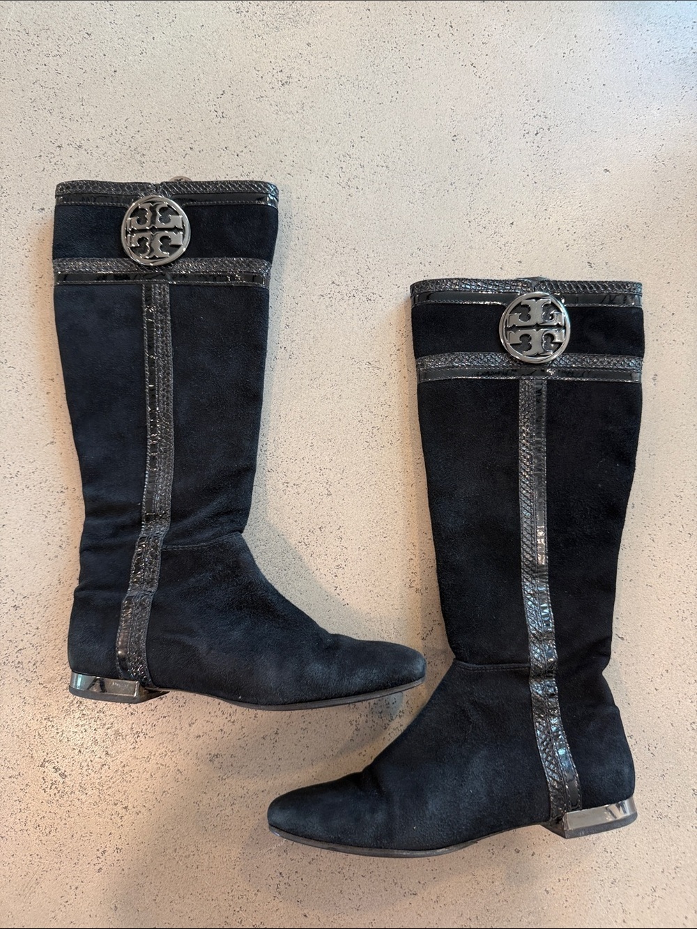 Tory Burch Black Suede Knee High Riding Boots Double T Logo Medallion